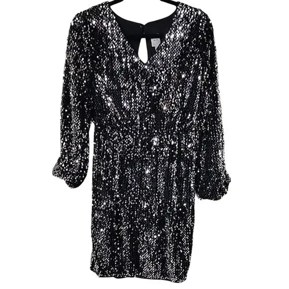ICHI Wilde Black Silver Sequin Long Sleeve Dress V Neck Open Back Medium NEW - Picture 1 of 13